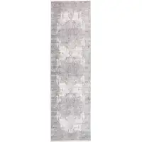 Photo of 8' Gray and Ivory Medallion Power Loom Distressed Runner Rug with Fringe