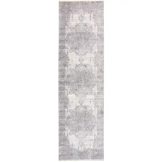 8' Gray and Ivory Medallion Power Loom Distressed Runner Rug with Fringe Photo 2