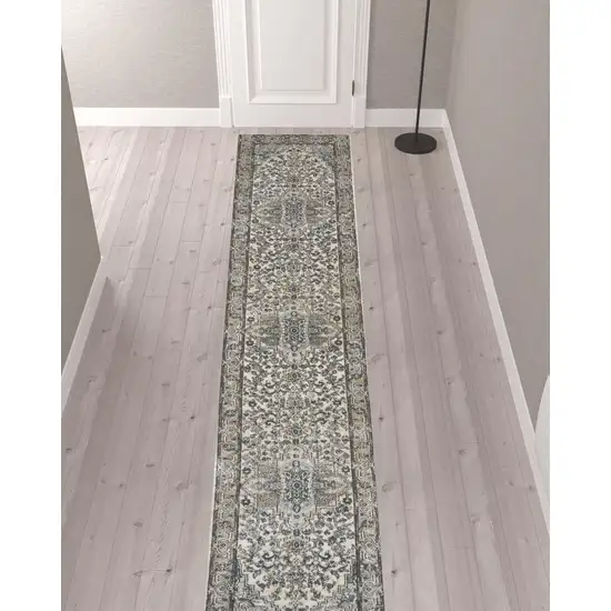 12' Gray and Ivory Medallion Power Loom Runner Rug Photo 2