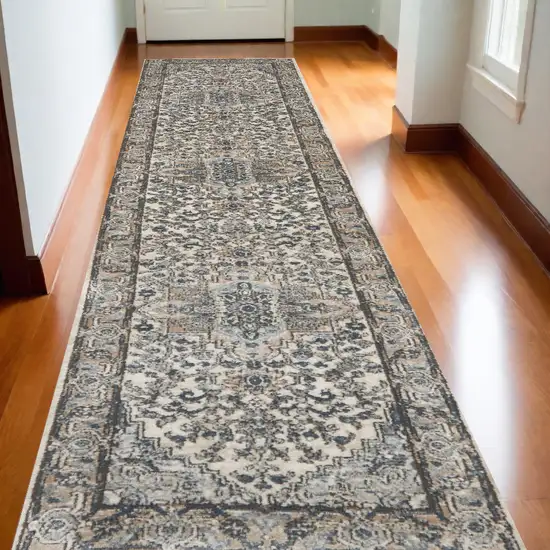 12' Gray and Ivory Medallion Power Loom Runner Rug Photo 1