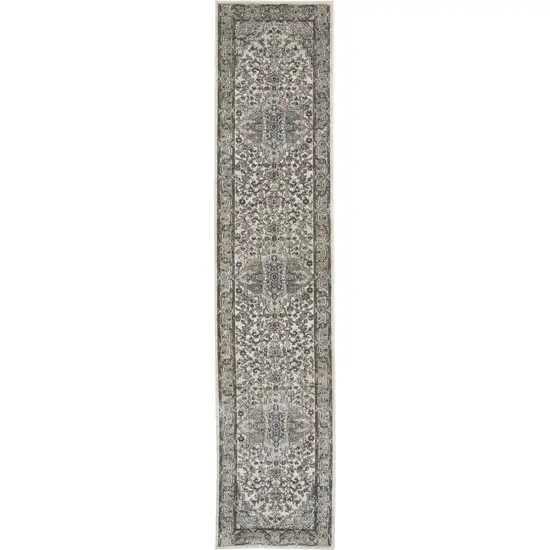 12' Gray and Ivory Medallion Power Loom Runner Rug Photo 1