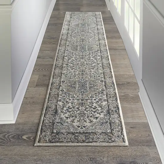 12' Gray and Ivory Medallion Power Loom Runner Rug Photo 6