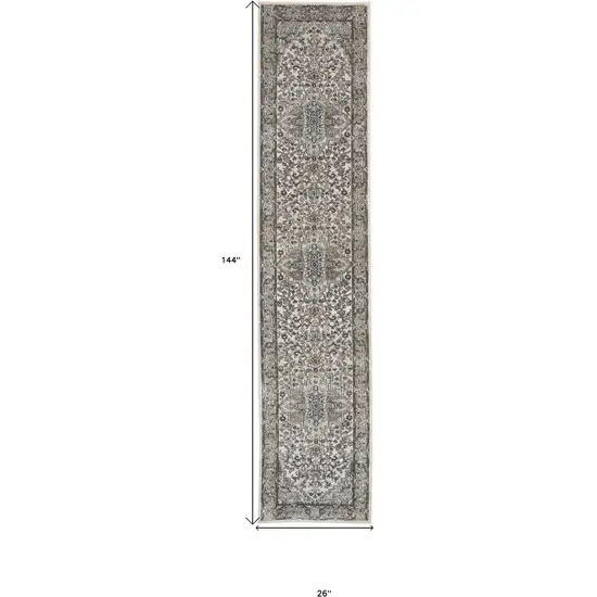 12' Gray and Ivory Medallion Power Loom Runner Rug Photo 7