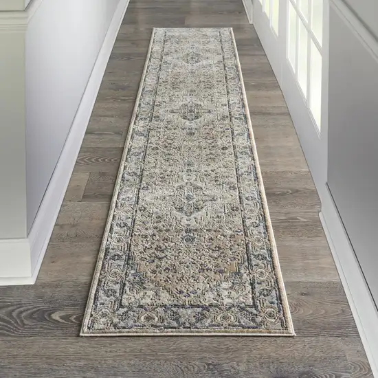 12' Gray and Ivory Medallion Power Loom Runner Rug Photo 6