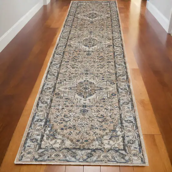 12' Gray and Ivory Medallion Power Loom Runner Rug Photo 1