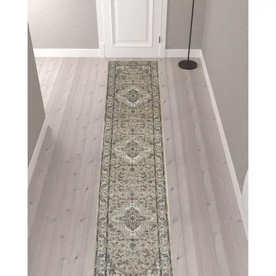 12' Gray and Ivory Medallion Power Loom Runner Rug Photo 2