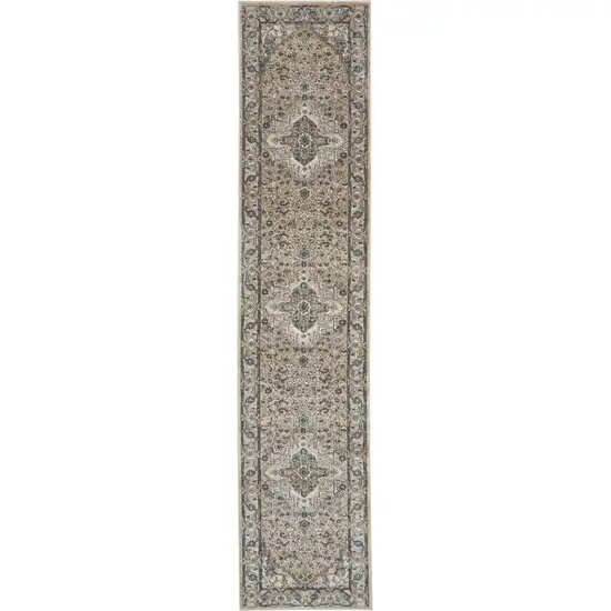 12' Gray and Ivory Medallion Power Loom Runner Rug Photo 2