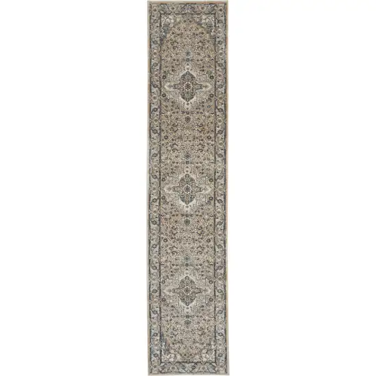 12' Gray and Ivory Medallion Power Loom Runner Rug Photo 1