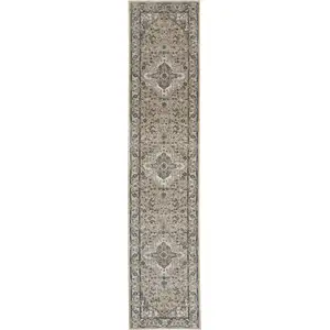 Photo of 12' Gray and Ivory Medallion Power Loom Runner Rug