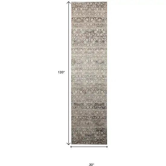 10' Gray and Ivory Oriental Power Loom Distressed Runner Rug With Fringe Photo 3