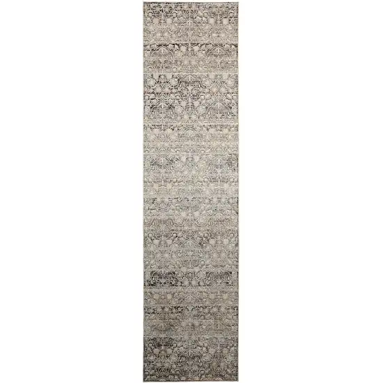 10' Gray and Ivory Oriental Power Loom Distressed Runner Rug With Fringe Photo 4