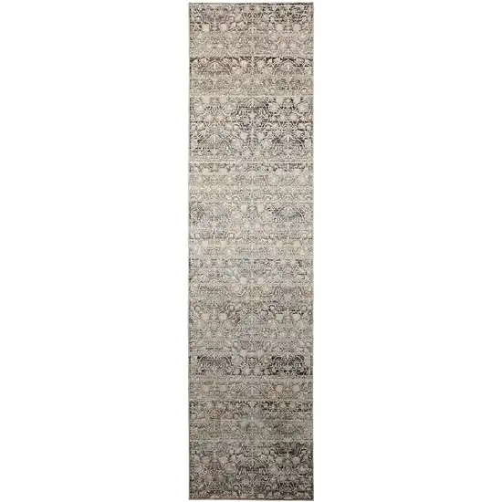 10' Gray and Ivory Oriental Power Loom Distressed Runner Rug With Fringe Photo 2