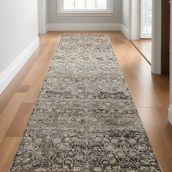 10' Gray and Ivory Oriental Power Loom Distressed Runner Rug With Fringe Photo 1