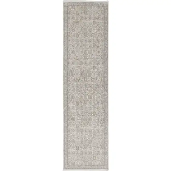 10' Gray and Ivory Oriental Power Loom Runner Rug With Fringe Photo 2