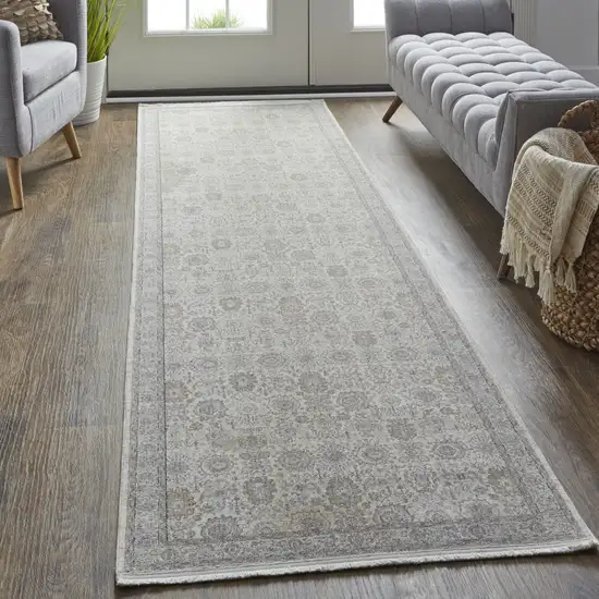 10' Gray and Ivory Oriental Power Loom Runner Rug With Fringe Photo 7