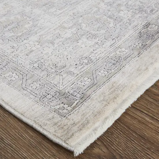 10' Gray and Ivory Oriental Power Loom Runner Rug With Fringe Photo 5