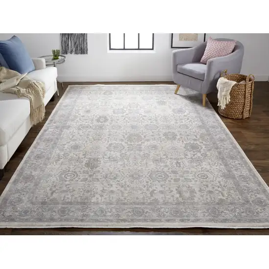 10' Gray and Ivory Oriental Power Loom Runner Rug With Fringe Photo 6