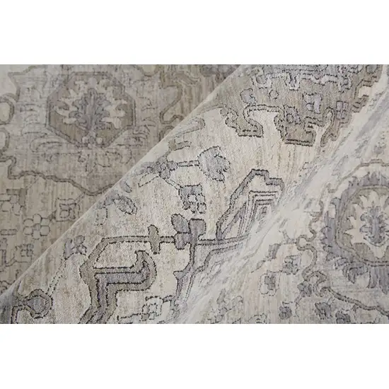 10' Gray and Ivory Oriental Power Loom Runner Rug With Fringe Photo 8