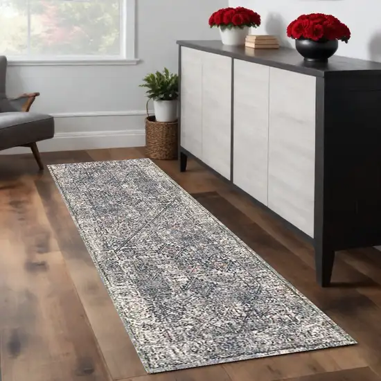 8' Gray and Ivory Oriental Power Loom Runner Rug Photo 1