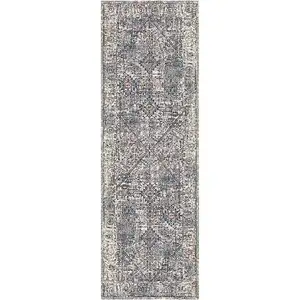 Photo of 8' Gray and Ivory Oriental Power Loom Runner Rug