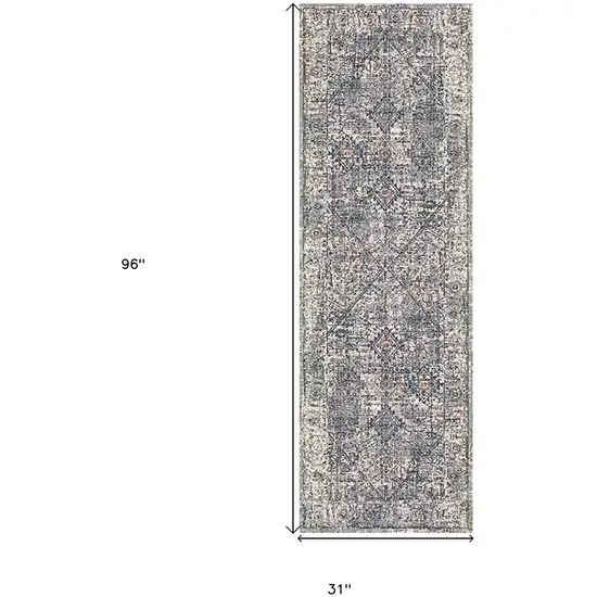 8' Gray and Ivory Oriental Power Loom Runner Rug Photo 7