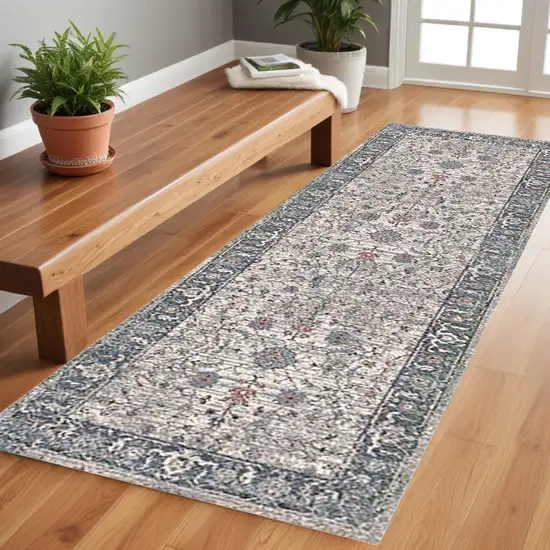 8' Gray and Ivory Oriental Power Loom Runner Rug Photo 1