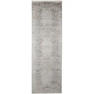 Photo of 8' Gray and Ivory Oriental Power Loom Worn Faded Runner Rug