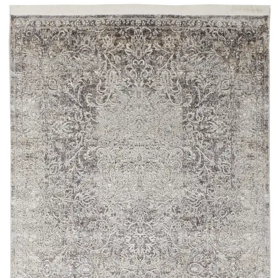 8' Gray and Ivory Oriental Power Loom Worn Faded Runner Rug Photo 7