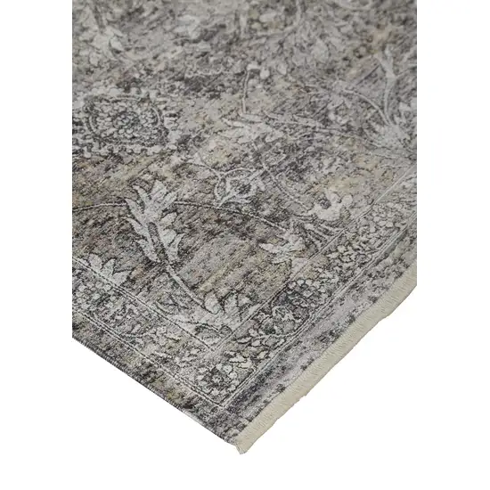 8' Gray and Ivory Oriental Power Loom Worn Faded Runner Rug Photo 4