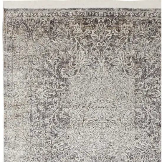 8' Gray and Ivory Oriental Power Loom Worn Faded Runner Rug Photo 6