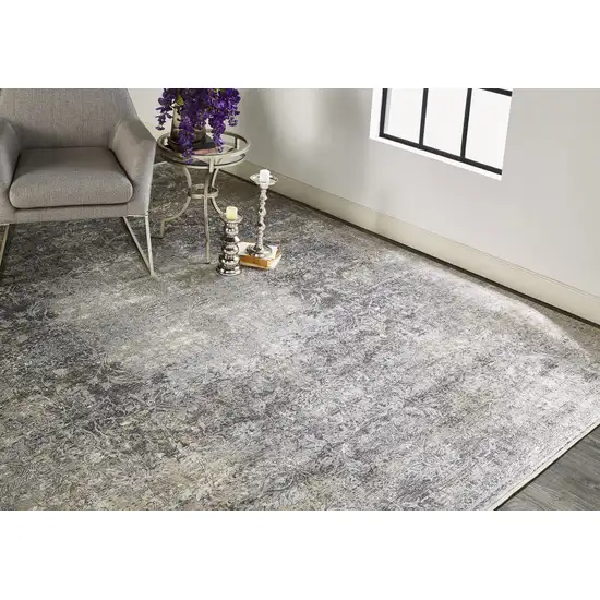 8' Gray and Ivory Oriental Power Loom Worn Faded Runner Rug Photo 8