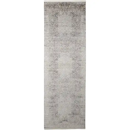 8' Gray and Ivory Oriental Power Loom Worn Faded Runner Rug Photo 2