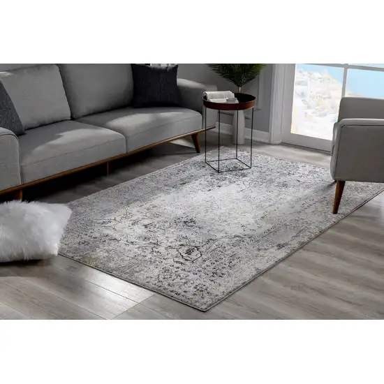 10' Gray and Ivory Oriental Washable Non Skid Runner Rug Photo 5