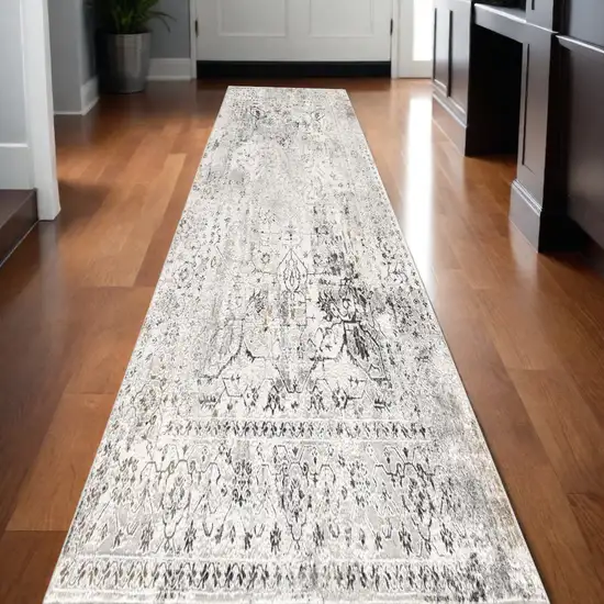 10' Gray and Ivory Oriental Washable Non Skid Runner Rug Photo 1