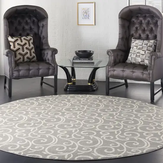 8' Gray and Ivory Round Floral Vines Power Loom Area Rug Photo 6