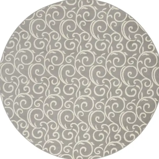 8' Gray and Ivory Round Floral Vines Power Loom Area Rug Photo 5