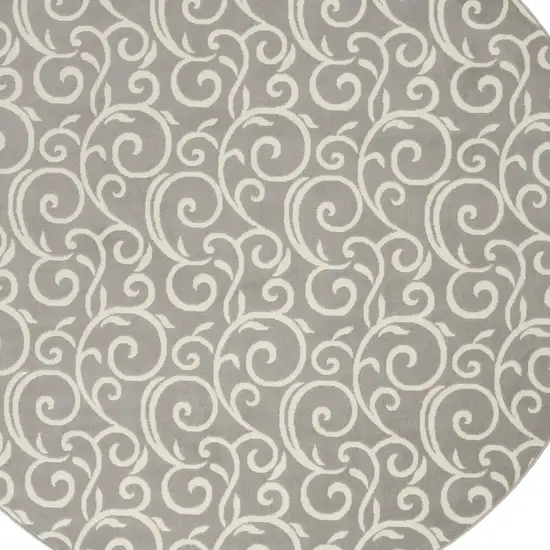 8' Gray and Ivory Round Floral Vines Power Loom Area Rug Photo 4