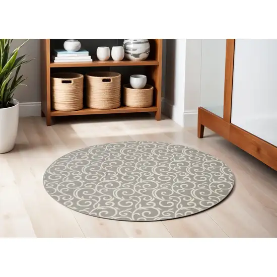 5' Gray and Ivory Round Floral Vines Power Loom Area Rug Photo 1