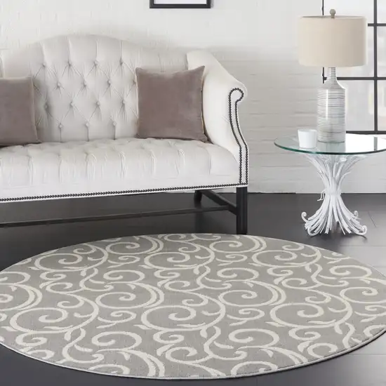 5' Gray and Ivory Round Floral Vines Power Loom Area Rug Photo 6