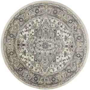 Photo of 10' Gray and Ivory Round Medallion Power Loom Distressed Area Rug