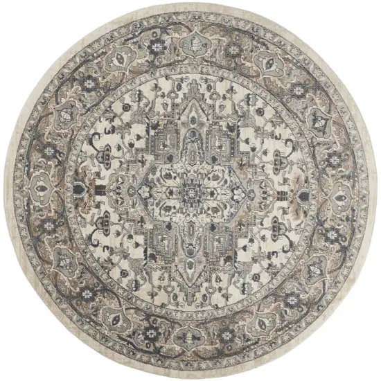 10' Gray and Ivory Round Medallion Power Loom Distressed Area Rug Photo 2