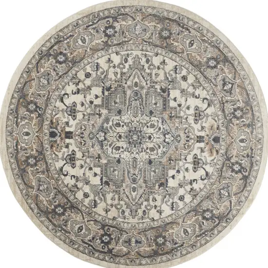 10' Gray and Ivory Round Medallion Power Loom Distressed Area Rug Photo 6