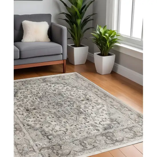 4' Gray and Ivory Square Medallion Power Loom Distressed Area Rug Photo 1