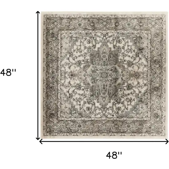 4' Gray and Ivory Square Medallion Power Loom Distressed Area Rug Photo 3