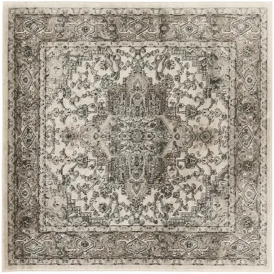 4' Gray and Ivory Square Medallion Power Loom Distressed Area Rug Photo 2