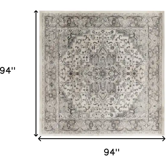 8' Gray and Ivory Square Medallion Power Loom Distressed Area Rug Photo 3