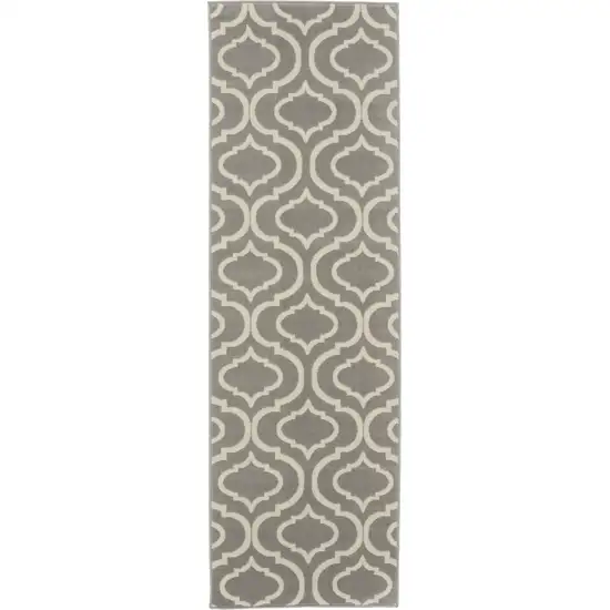 6' Gray and Ivory Trellis Non Skid Runner Rug Photo 2