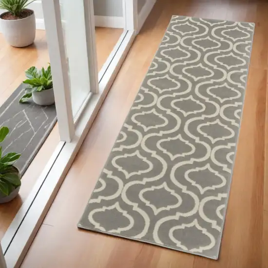 6' Gray and Ivory Trellis Non Skid Runner Rug Photo 1