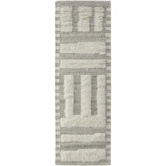 10' Gray and Ivory Wool Geometric Hand Woven Runner Rug Photo 1