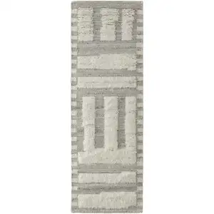 Photo of 10' Gray and Ivory Wool Geometric Hand Woven Runner Rug